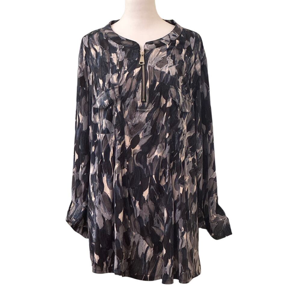 Cocomo Woman Blue Gray 3/4 Roll Tab Sleeve Blouse Zip Front Size 2X
